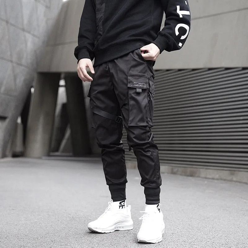 Men Ribbons  Block Black Pocket Cargo Pants
