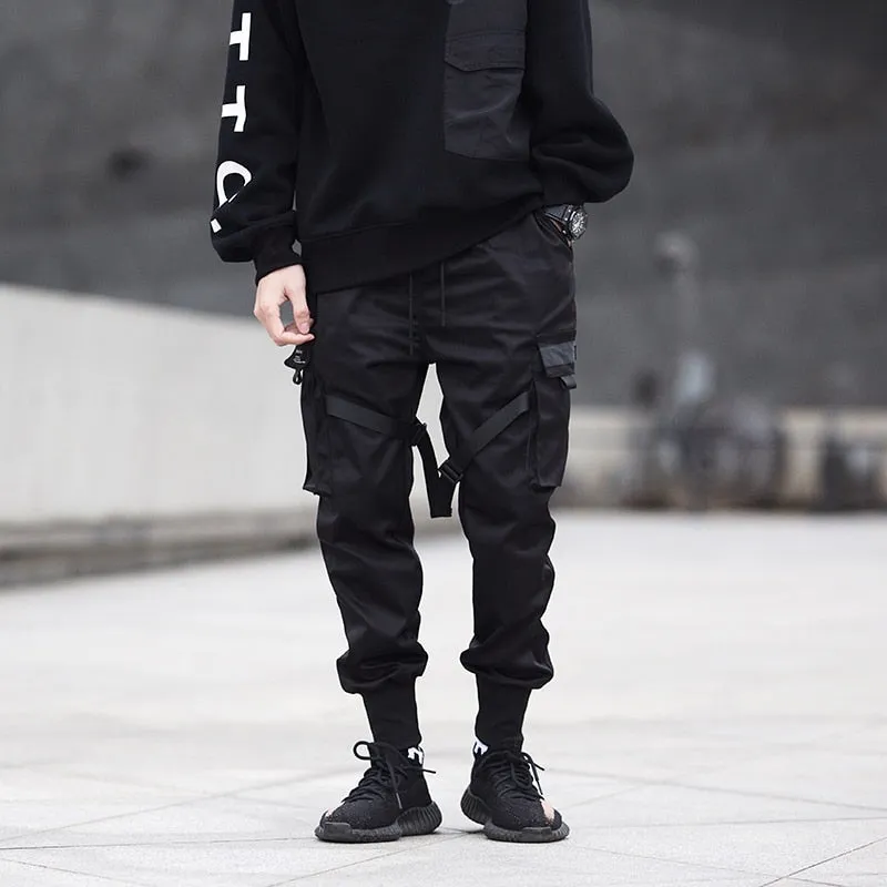 Men Ribbons  Block Black Pocket Cargo Pants