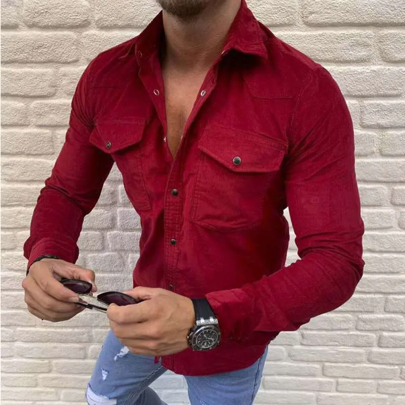Men's Shirt Fashion Casual Solid Color Button Slim Long Sleeved Shirt