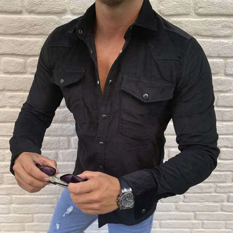 Men's Shirt Fashion Casual Solid Color Button Slim Long Sleeved Shirt