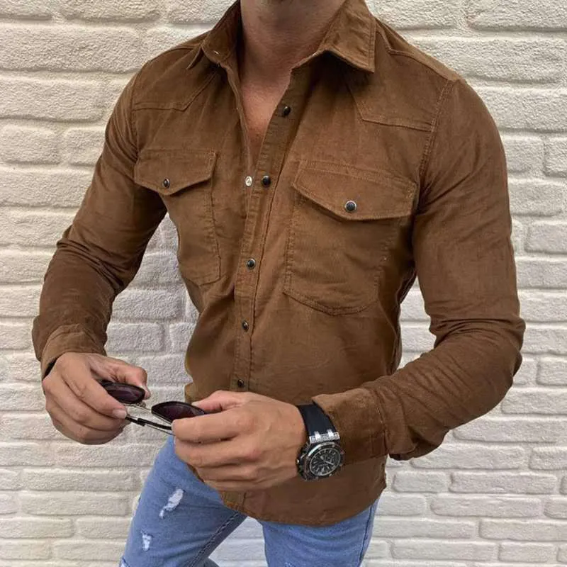 Men's Shirt Fashion Casual Solid Color Button Slim Long Sleeved Shirt