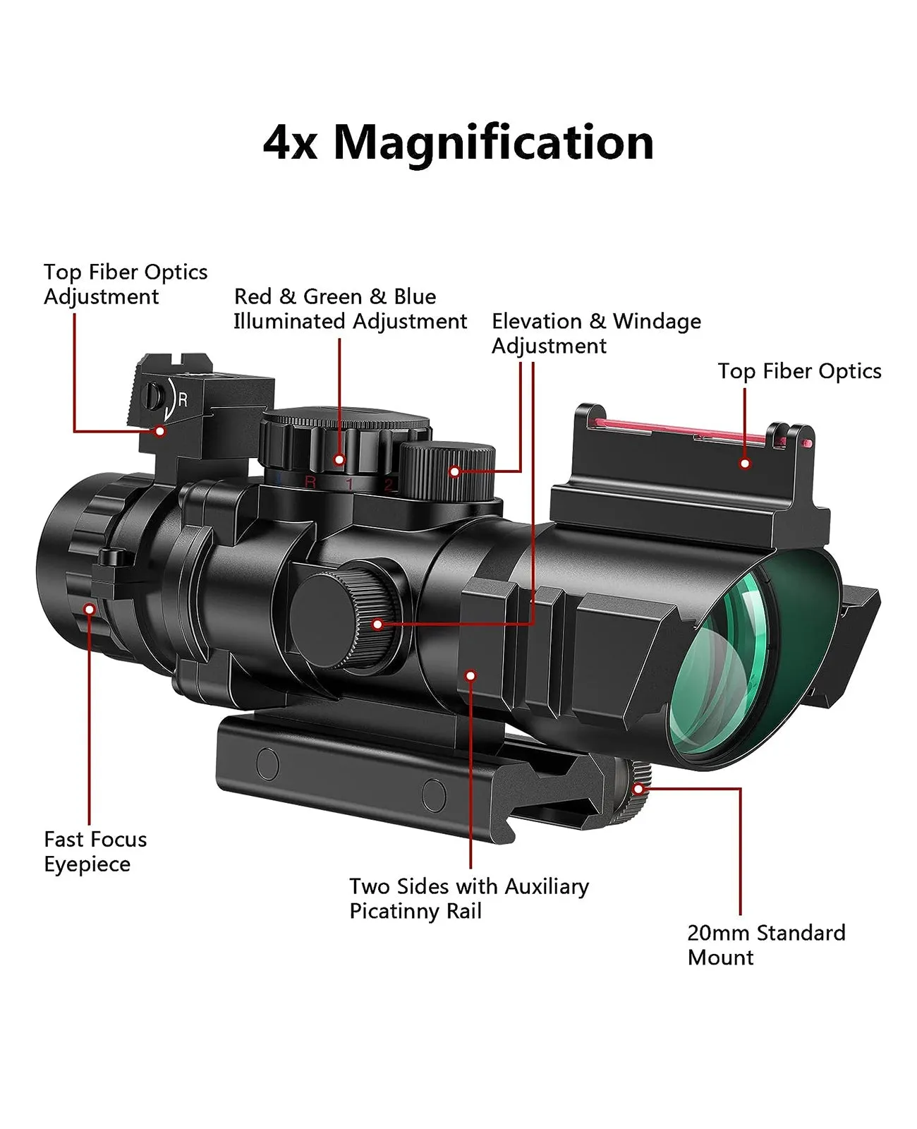 MidTen 4x32 Tactical Rifle Scope with Fiber Optics