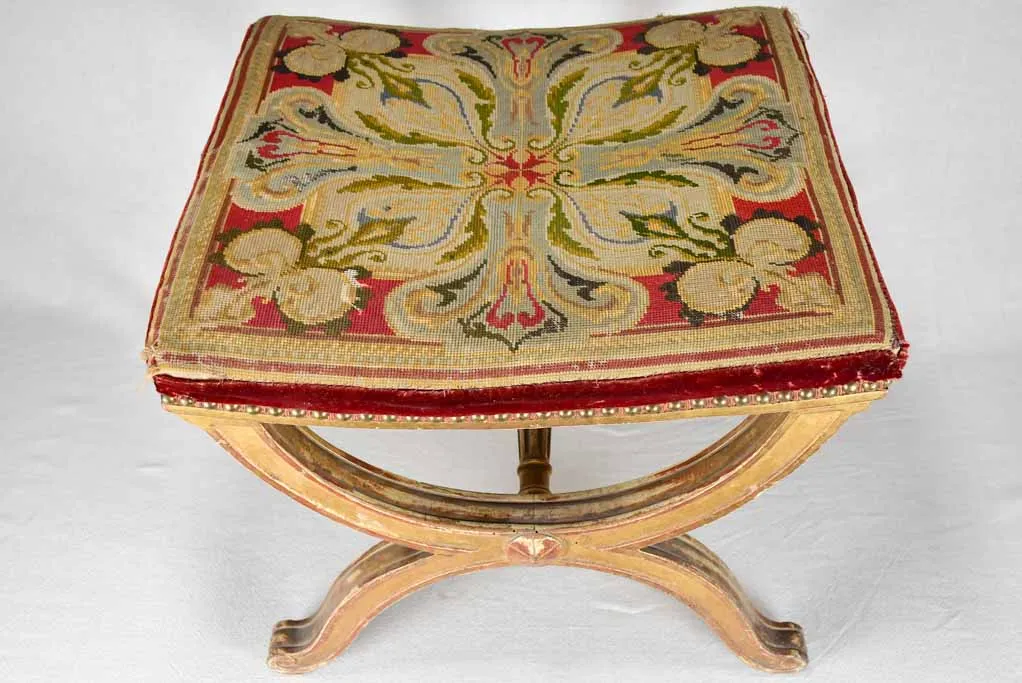 Napoleon III curule stool with cross-stitch upholstery