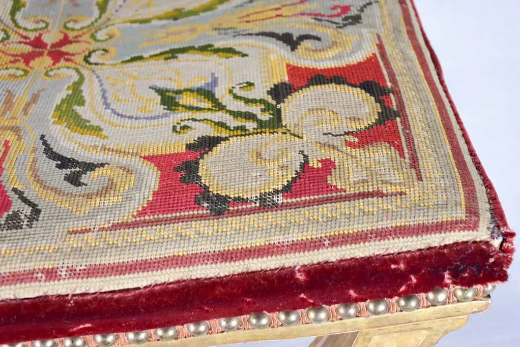 Napoleon III curule stool with cross-stitch upholstery