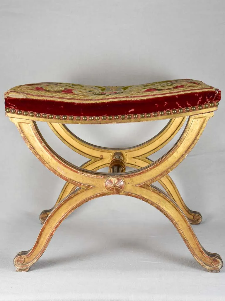 Napoleon III curule stool with cross-stitch upholstery