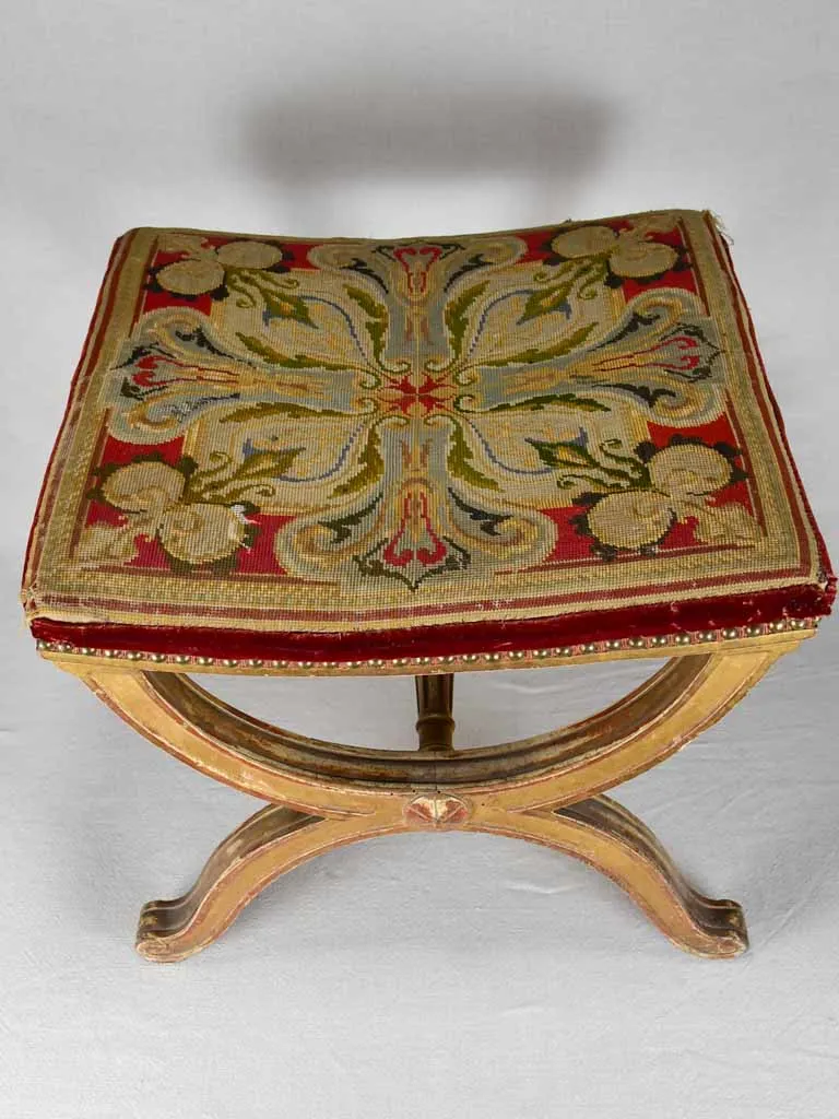 Napoleon III curule stool with cross-stitch upholstery