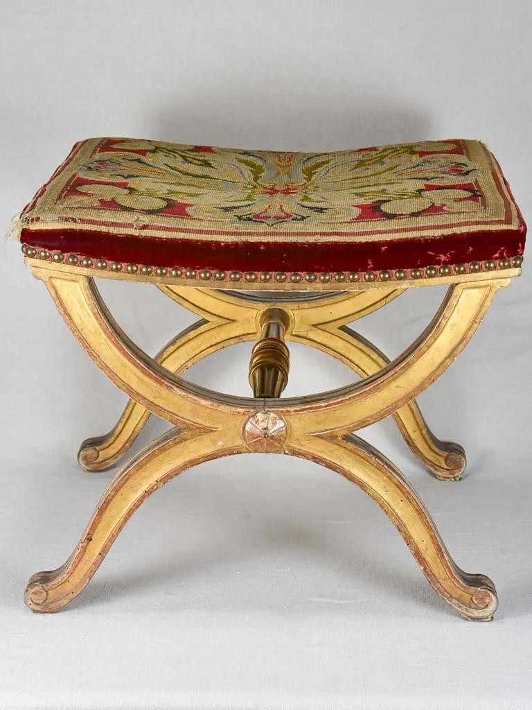 Napoleon III curule stool with cross-stitch upholstery