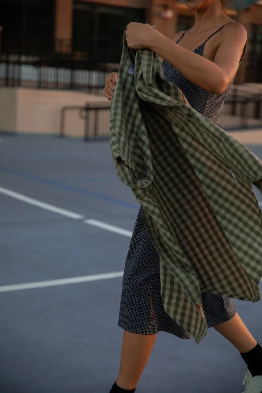 Paige Handwoven Cotton Relaxed Shirt Dress in Green Gingham