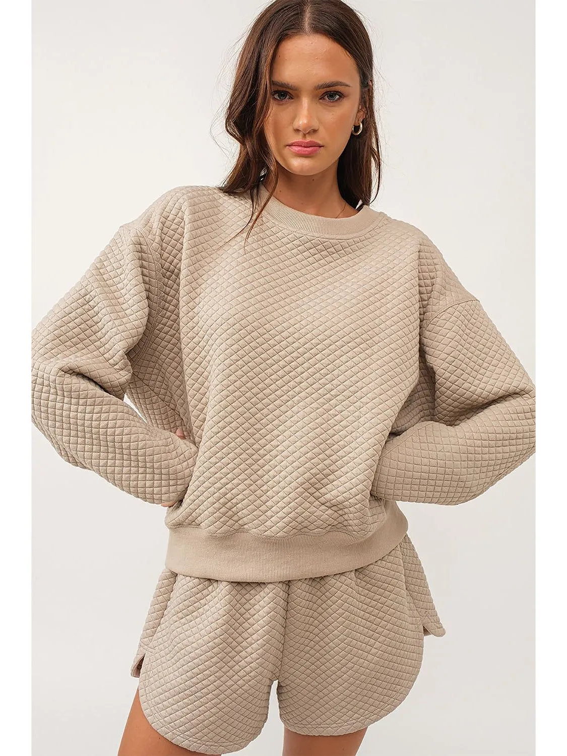 Parchment Diamond Quilted Plain Pullover and Shorts Set