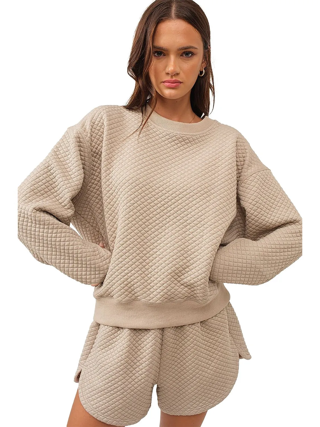 Parchment Diamond Quilted Plain Pullover and Shorts Set