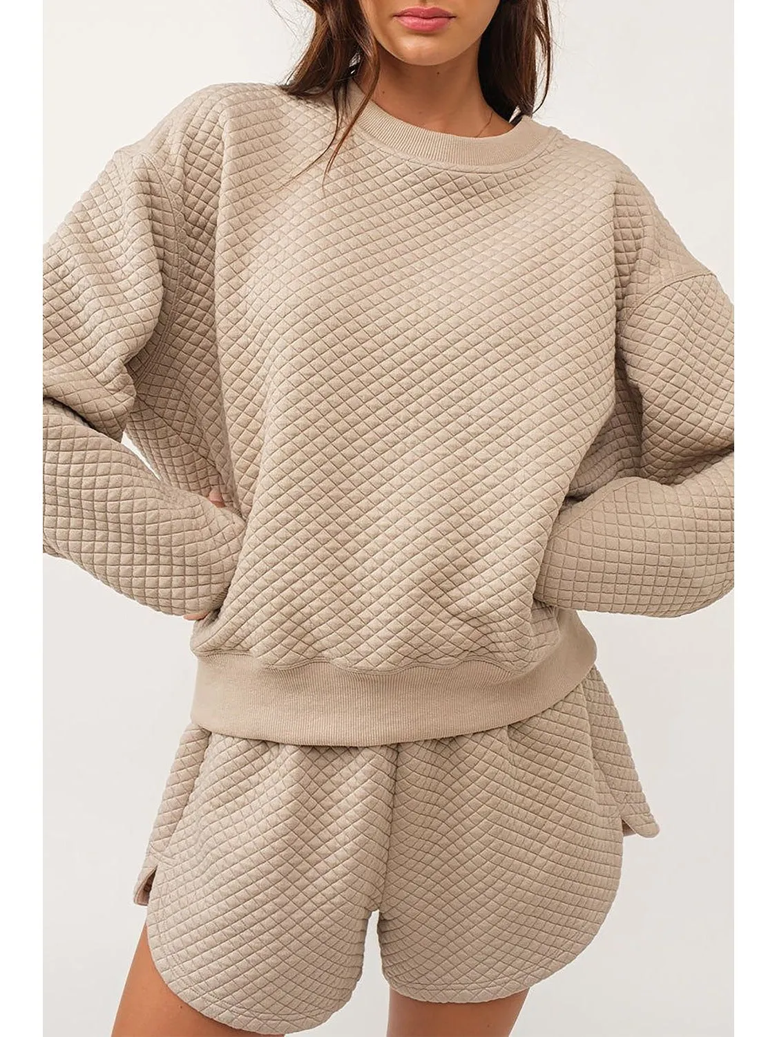 Parchment Diamond Quilted Plain Pullover and Shorts Set