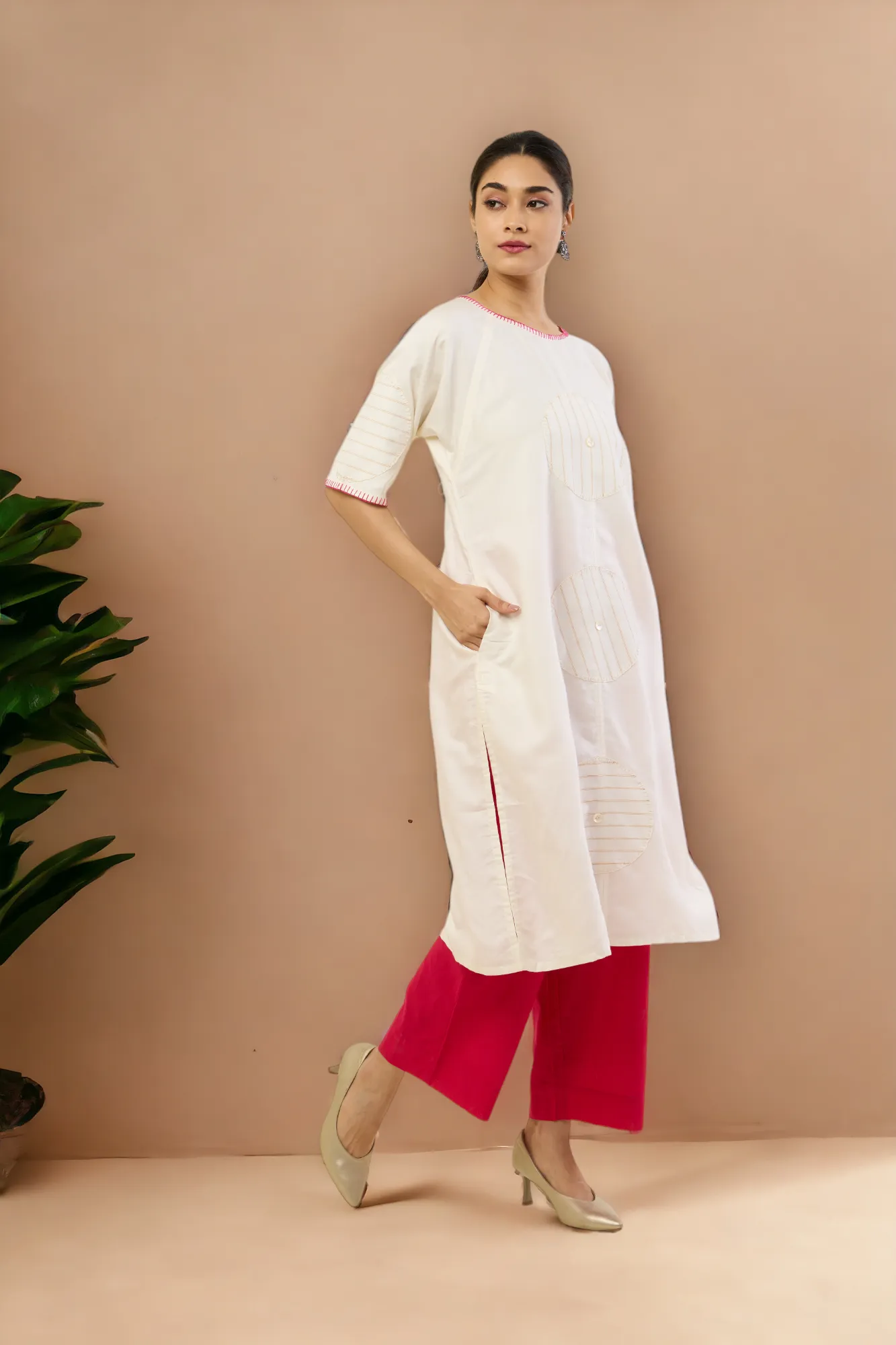raglan sleeve silk tunic kurta with pockets - ivory mirage & golden halo