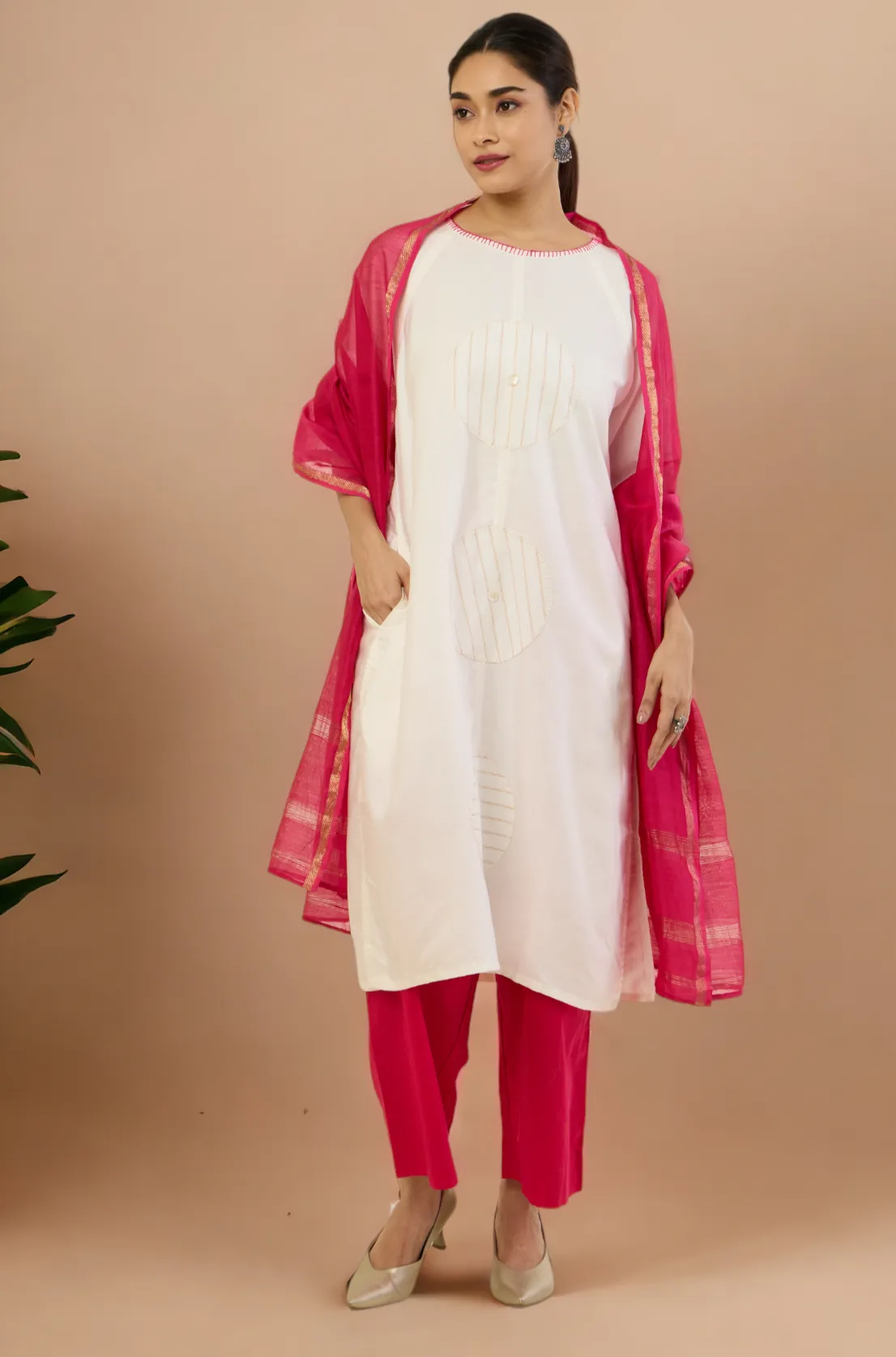 raglan sleeve silk tunic kurta with pockets - ivory mirage & golden halo