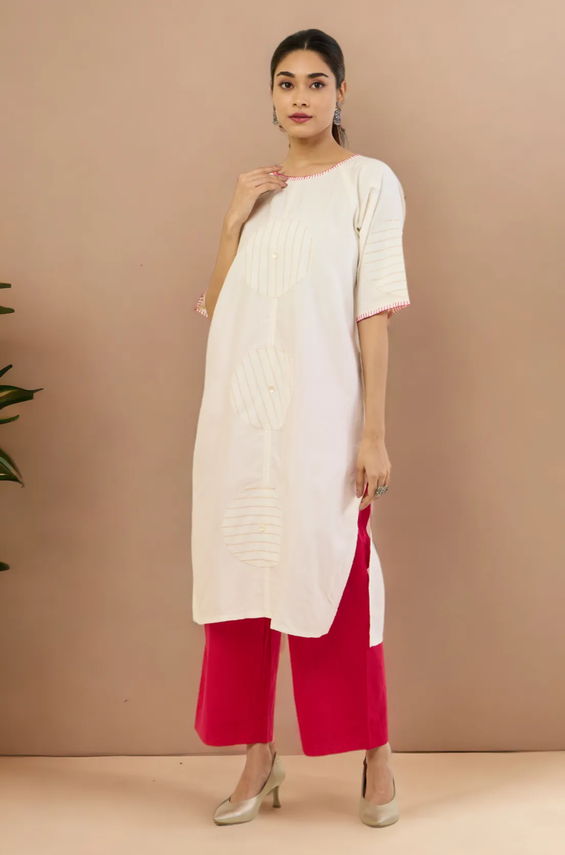 raglan sleeve silk tunic kurta with pockets - ivory mirage & golden halo