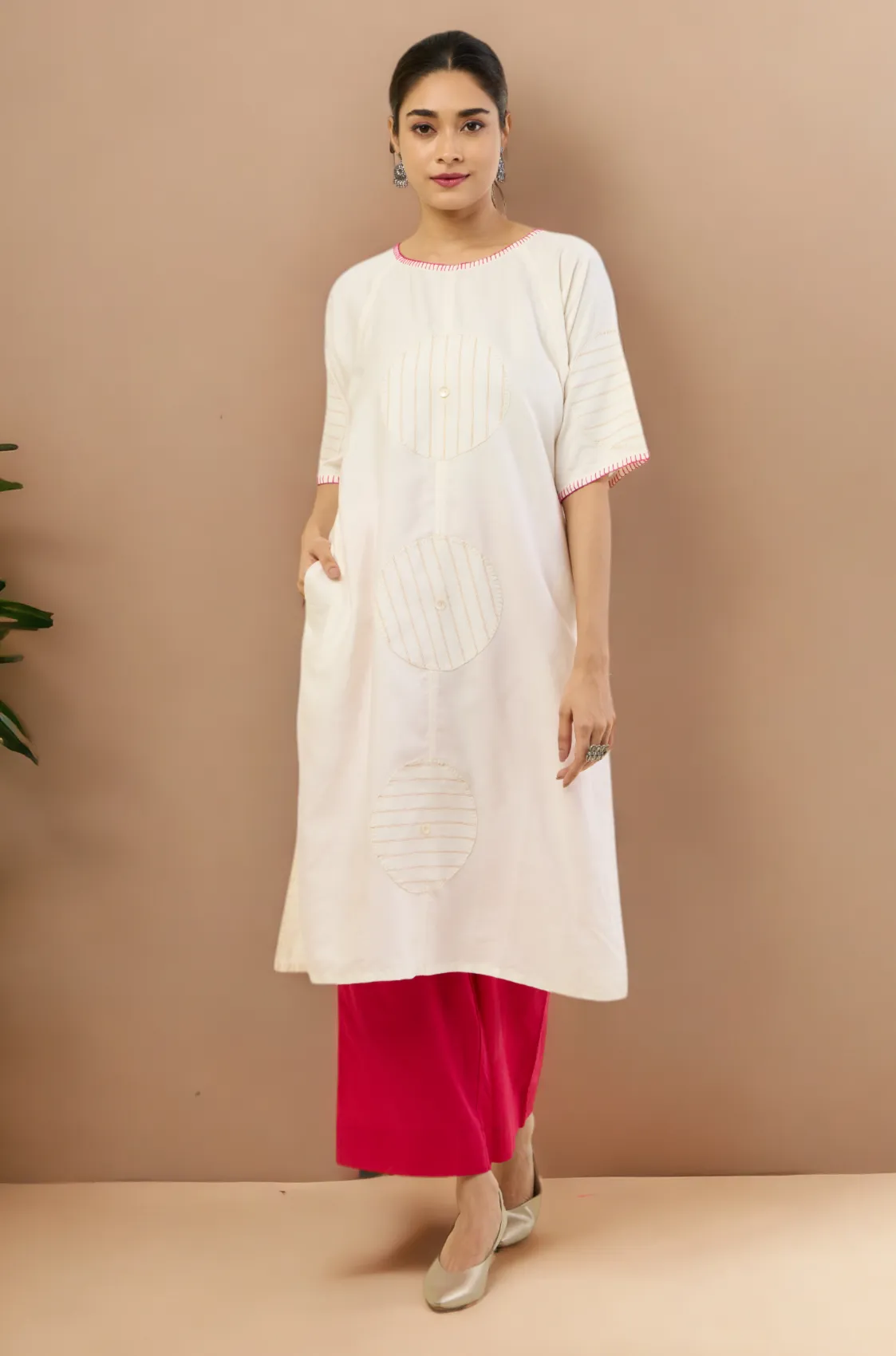 raglan sleeve silk tunic kurta with pockets - ivory mirage & golden halo