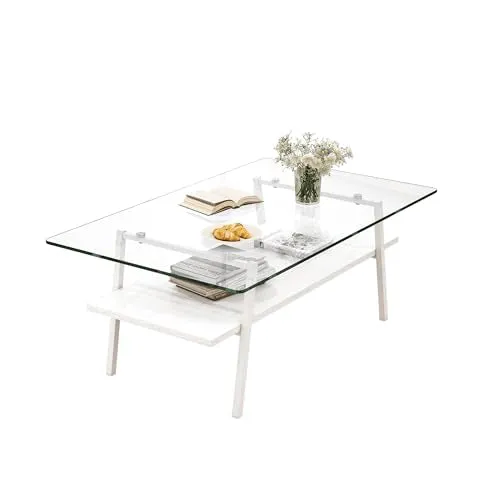 Rectangle Coffee Table, Modern Glass Coffee Table, Tempered Glass Tabletop with Black Metal Legs, Modern Table for Living Room, Tea Table, Living Room Furniture, Transparent  White