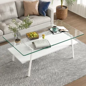 Rectangle Coffee Table, Modern Glass Coffee Table, Tempered Glass Tabletop with Black Metal Legs, Modern Table for Living Room, Tea Table, Living Room Furniture, Transparent  White