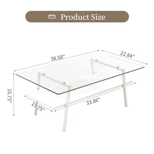 Rectangle Coffee Table, Modern Glass Coffee Table, Tempered Glass Tabletop with Black Metal Legs, Modern Table for Living Room, Tea Table, Living Room Furniture, Transparent  White