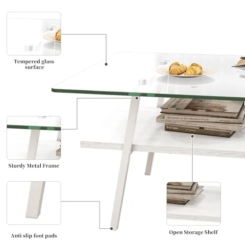 Rectangle Coffee Table, Modern Glass Coffee Table, Tempered Glass Tabletop with Black Metal Legs, Modern Table for Living Room, Tea Table, Living Room Furniture, Transparent  White