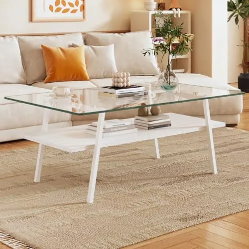 Rectangle Coffee Table, Modern Glass Coffee Table, Tempered Glass Tabletop with Black Metal Legs, Modern Table for Living Room, Tea Table, Living Room Furniture, Transparent  White