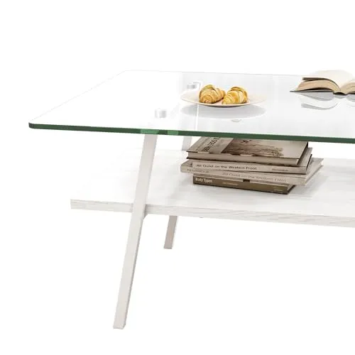 Rectangle Coffee Table, Modern Glass Coffee Table, Tempered Glass Tabletop with Black Metal Legs, Modern Table for Living Room, Tea Table, Living Room Furniture, Transparent  White