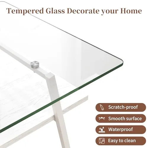 Rectangle Coffee Table, Modern Glass Coffee Table, Tempered Glass Tabletop with Black Metal Legs, Modern Table for Living Room, Tea Table, Living Room Furniture, Transparent  White