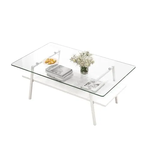 Rectangle Coffee Table, Modern Glass Coffee Table, Tempered Glass Tabletop with Black Metal Legs, Modern Table for Living Room, Tea Table, Living Room Furniture, Transparent  White