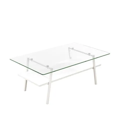Rectangle Coffee Table, Modern Glass Coffee Table, Tempered Glass Tabletop with Black Metal Legs, Modern Table for Living Room, Tea Table, Living Room Furniture, Transparent  White