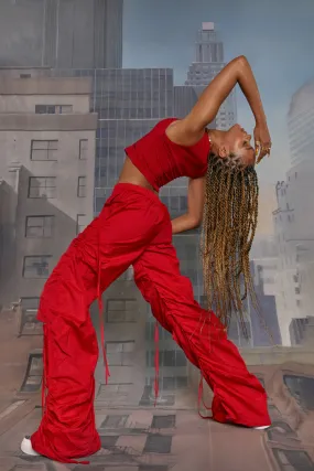Red Cotton Wide Leg Cargo Trouser With Cut Out, Ruched Detail