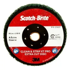 Scotch-Brite™ Clean and Strip XT Pro Extra Cut Disc, CX-DN, A/O Extra
Coarse, TN, Green, 4-1/2 in x 5/8"-11, 10 ea/Case