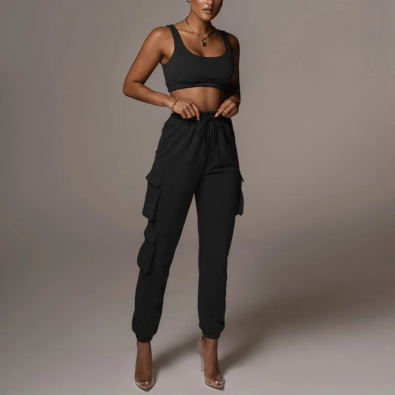Sporty Crop Top and Pocket Detail Jogger Tracksuit Pant Set
