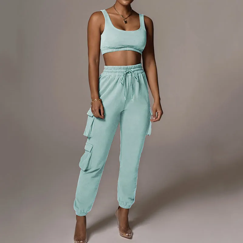 Sporty Crop Top and Pocket Detail Jogger Tracksuit Pant Set