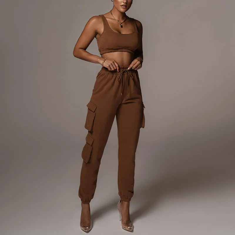 Sporty Crop Top and Pocket Detail Jogger Tracksuit Pant Set
