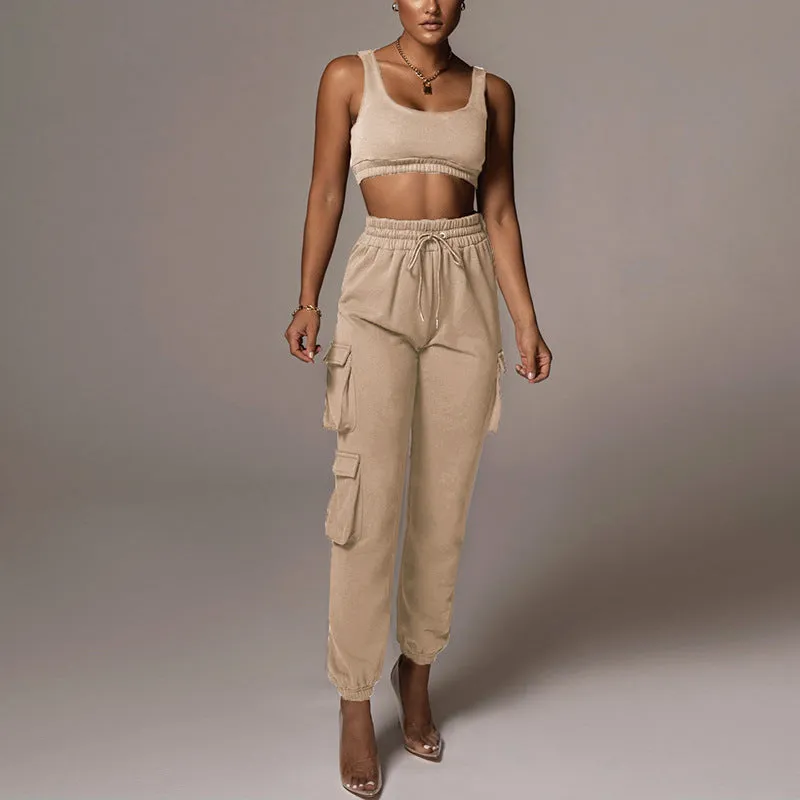 Sporty Crop Top and Pocket Detail Jogger Tracksuit Pant Set