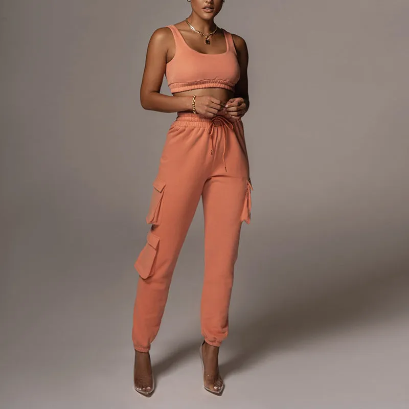 Sporty Crop Top and Pocket Detail Jogger Tracksuit Pant Set