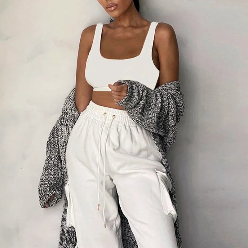 Sporty Crop Top and Pocket Detail Jogger Tracksuit Pant Set