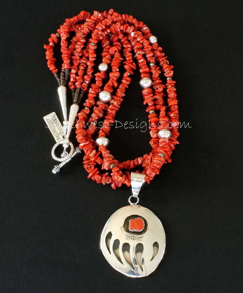Sterling Silver and Coral Bear Paw Pendant with 3 Strands of Coral Nuggets, Pyrite Rondelles, Olive Shell Heishi and Sterling Silver