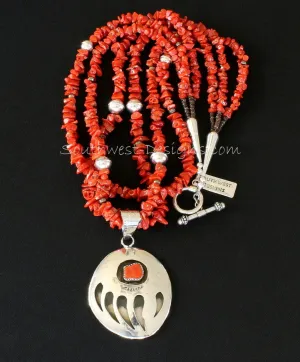 Sterling Silver and Coral Bear Paw Pendant with 3 Strands of Coral Nuggets, Pyrite Rondelles, Olive Shell Heishi and Sterling Silver