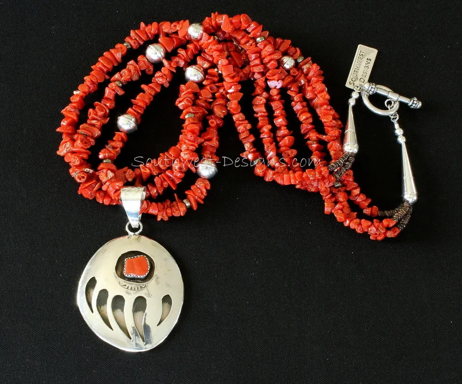 Sterling Silver and Coral Bear Paw Pendant with 3 Strands of Coral Nuggets, Pyrite Rondelles, Olive Shell Heishi and Sterling Silver