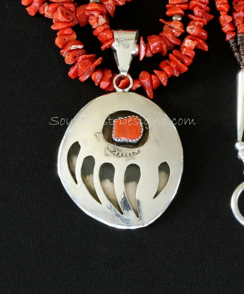 Sterling Silver and Coral Bear Paw Pendant with 3 Strands of Coral Nuggets, Pyrite Rondelles, Olive Shell Heishi and Sterling Silver