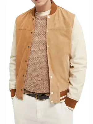 Trendy Color Block Suede Varsity Jacket for Men