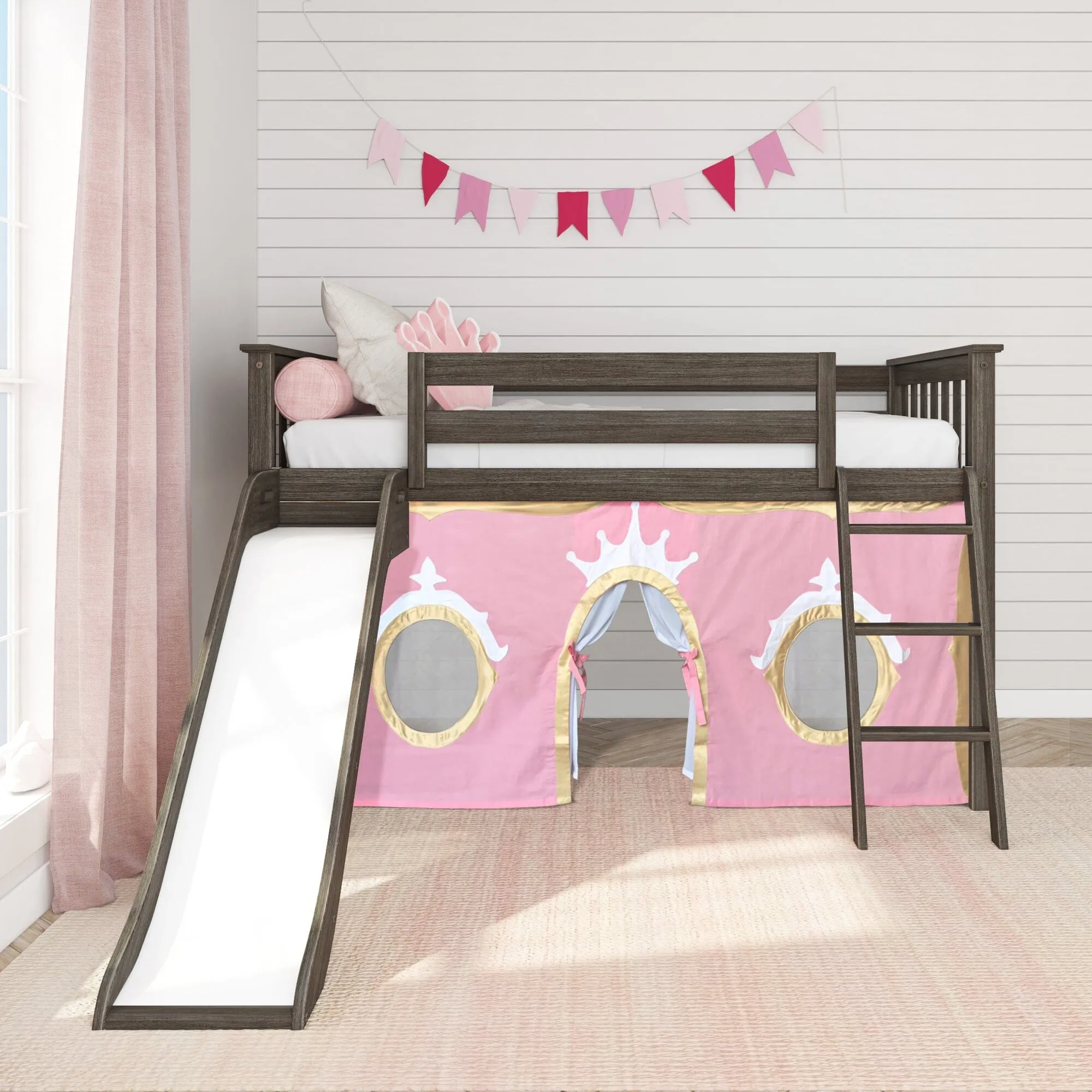 Twin Low Loft Bed with Easy Slide & Princess Curtain