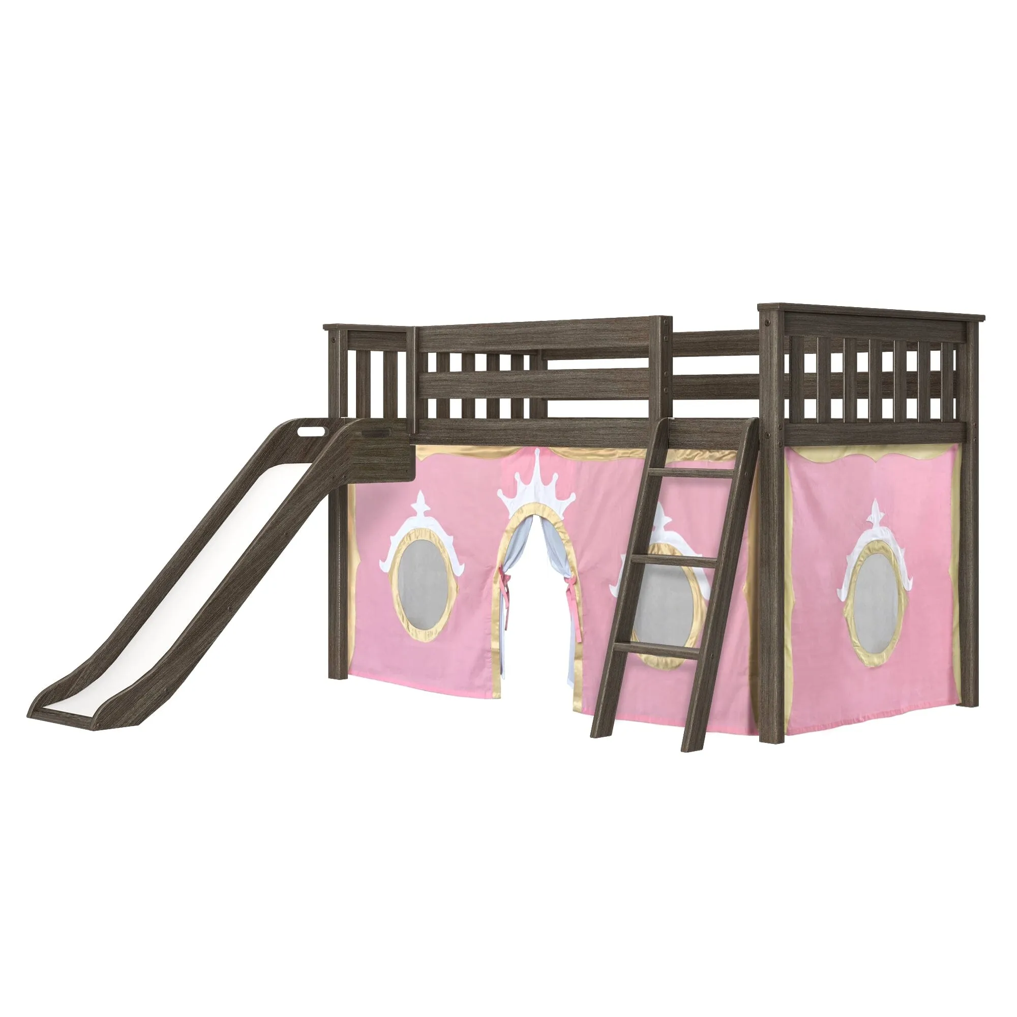 Twin Low Loft Bed with Easy Slide & Princess Curtain