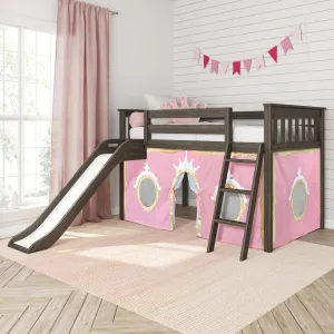 Twin Low Loft Bed with Easy Slide & Princess Curtain