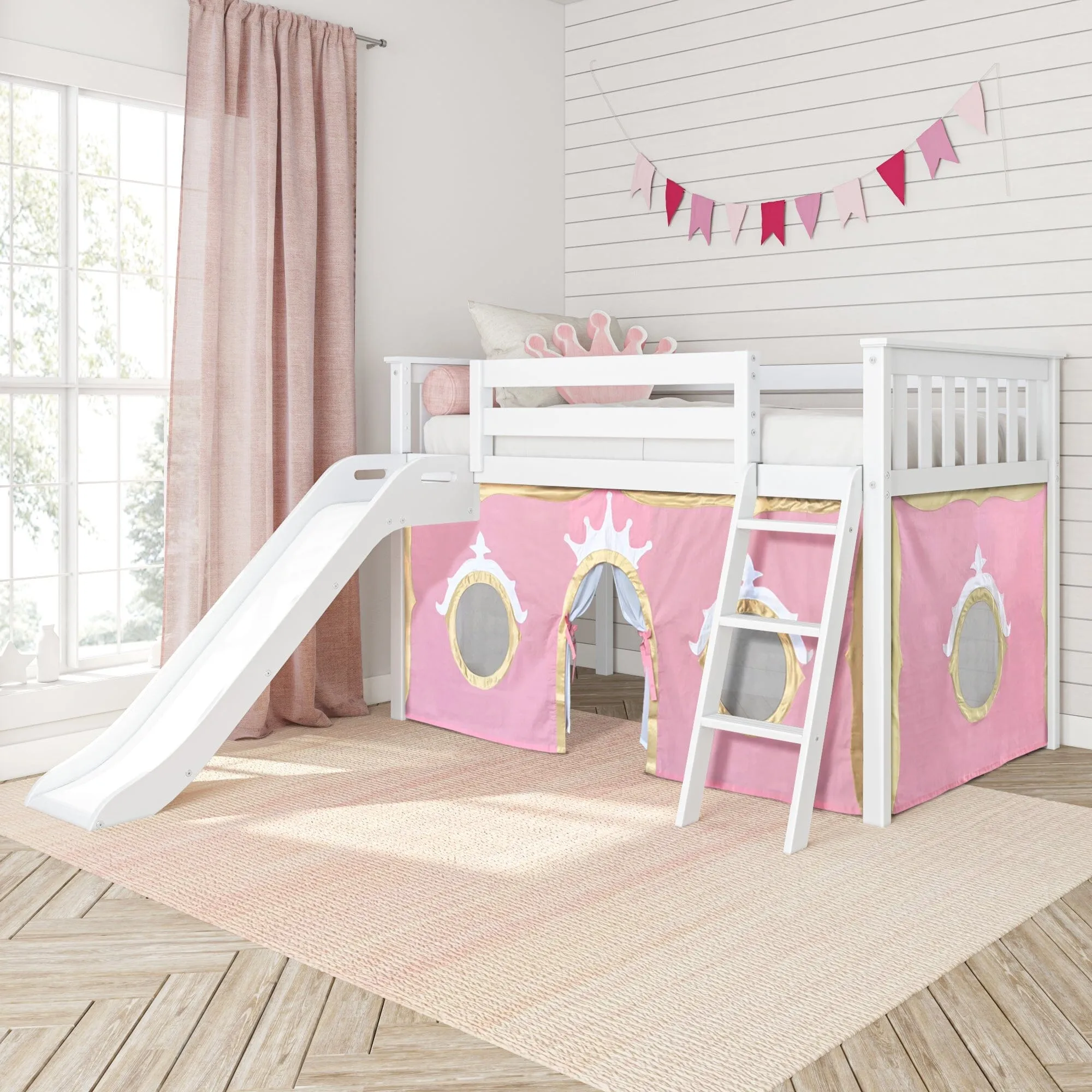 Twin Low Loft Bed with Easy Slide & Princess Curtain