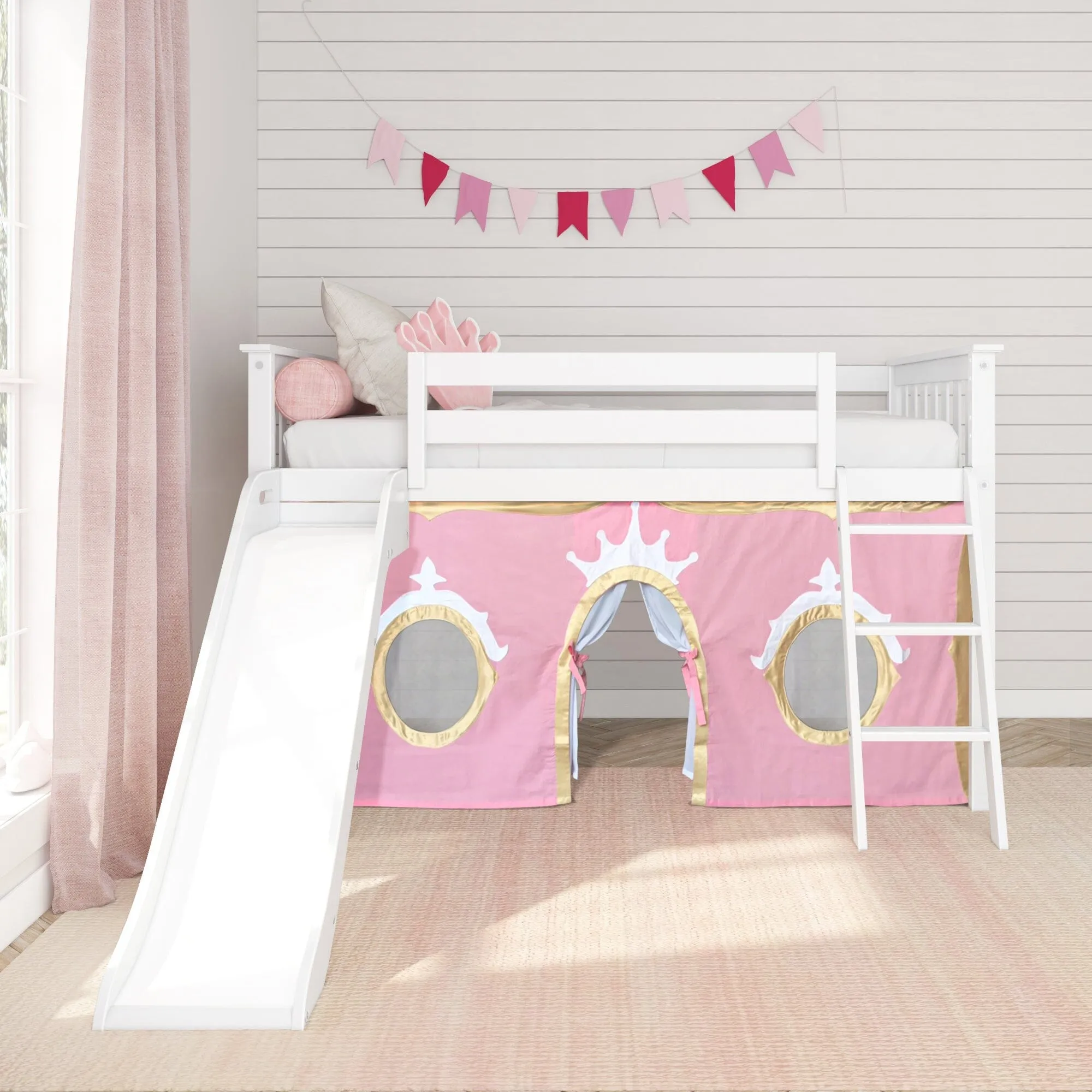 Twin Low Loft Bed with Easy Slide & Princess Curtain