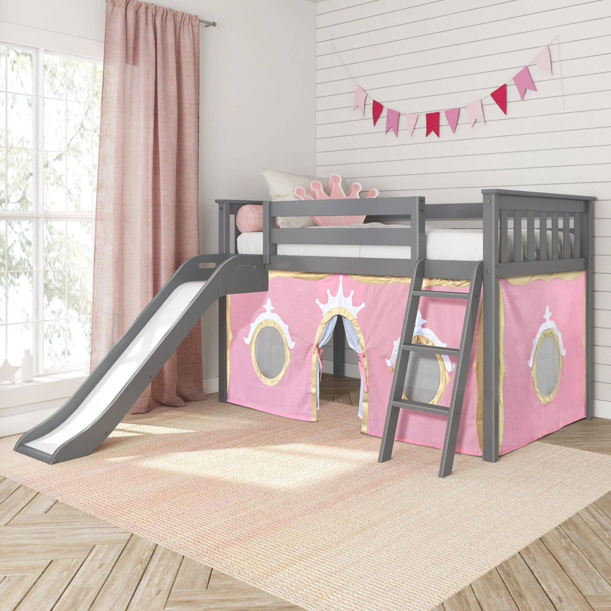 Twin Low Loft Bed with Easy Slide & Princess Curtain