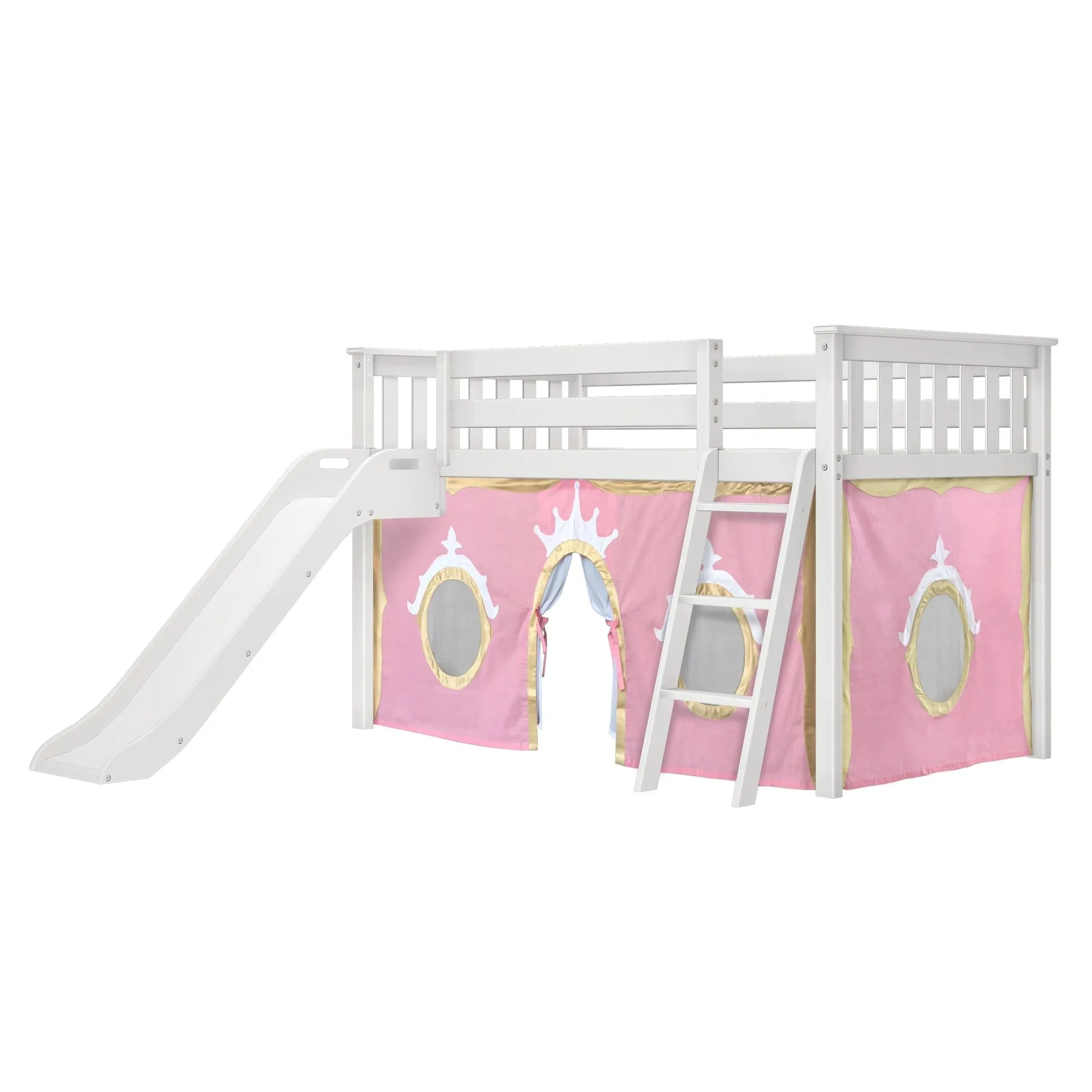 Twin Low Loft Bed with Easy Slide & Princess Curtain