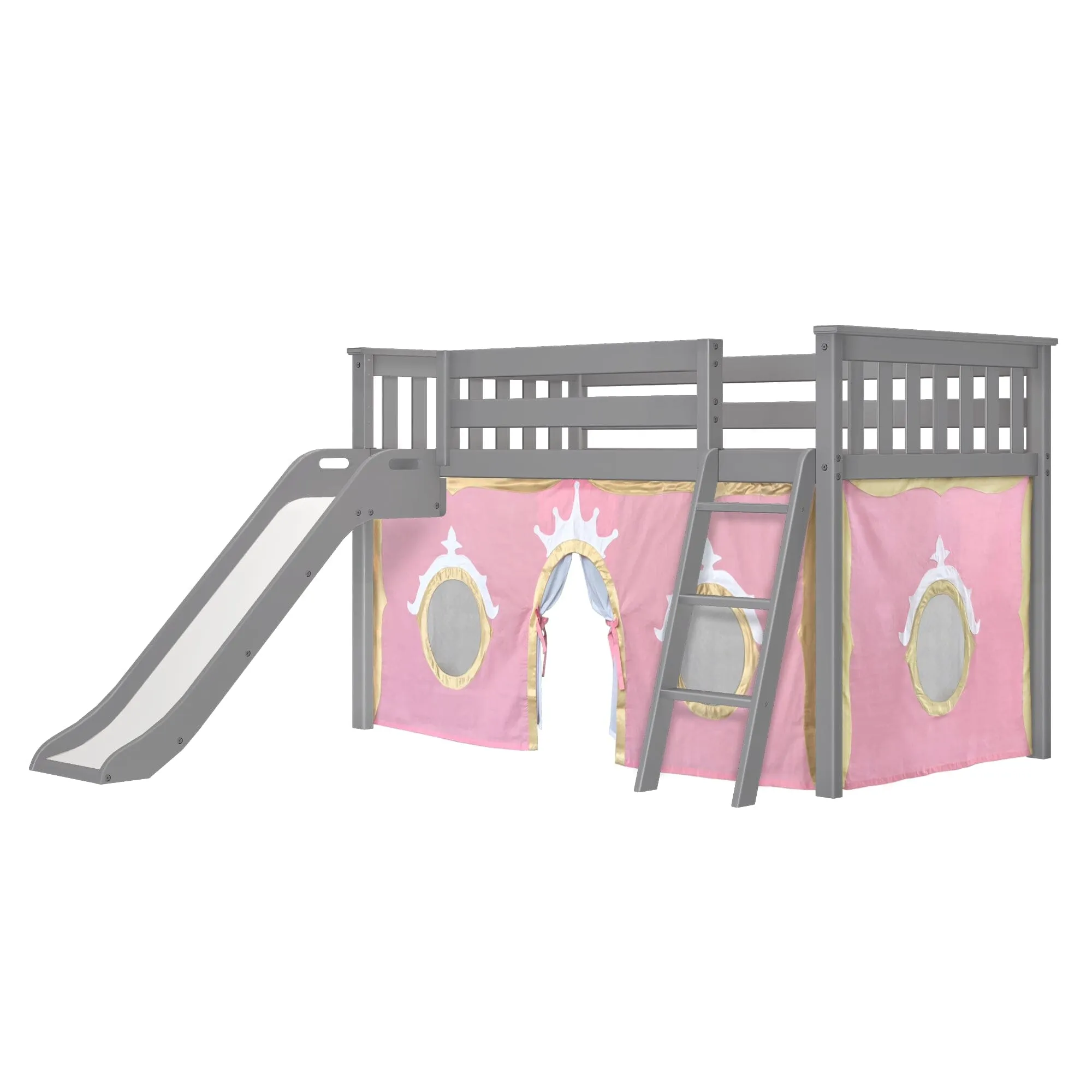 Twin Low Loft Bed with Easy Slide & Princess Curtain