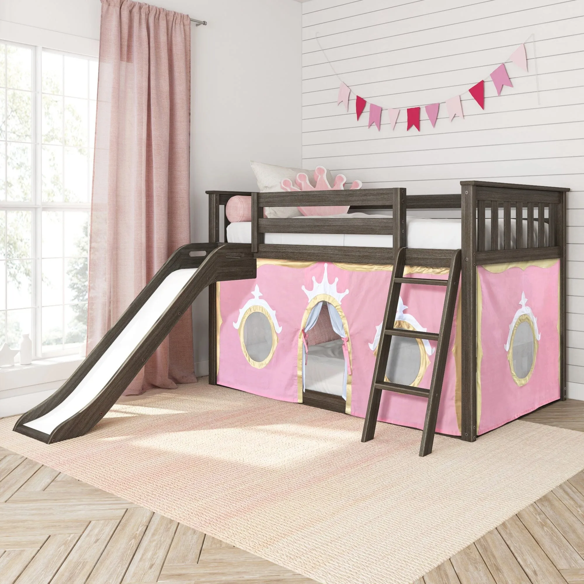 Twin Over Twin Low Bunk Bed with Easy Slide & Princess Curtain